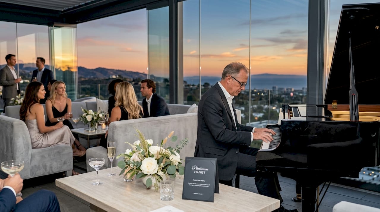 Pianist playing piano during wedding cocktail hour
