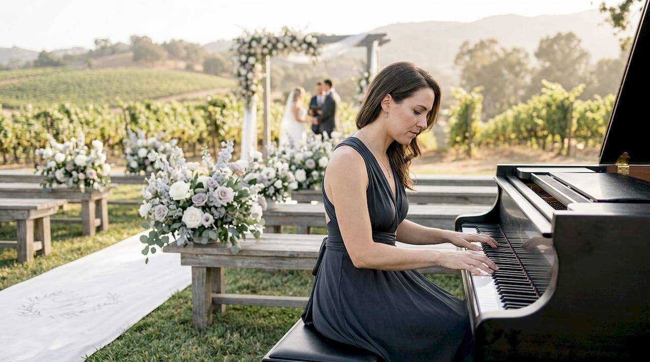 Pianist performing live at outdoor wedding ceremony