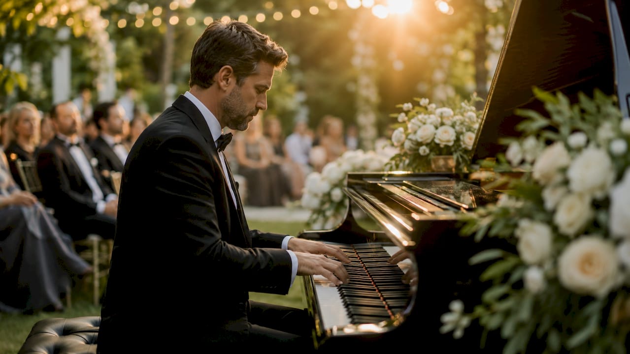 Pianist hands playing wedding music piano