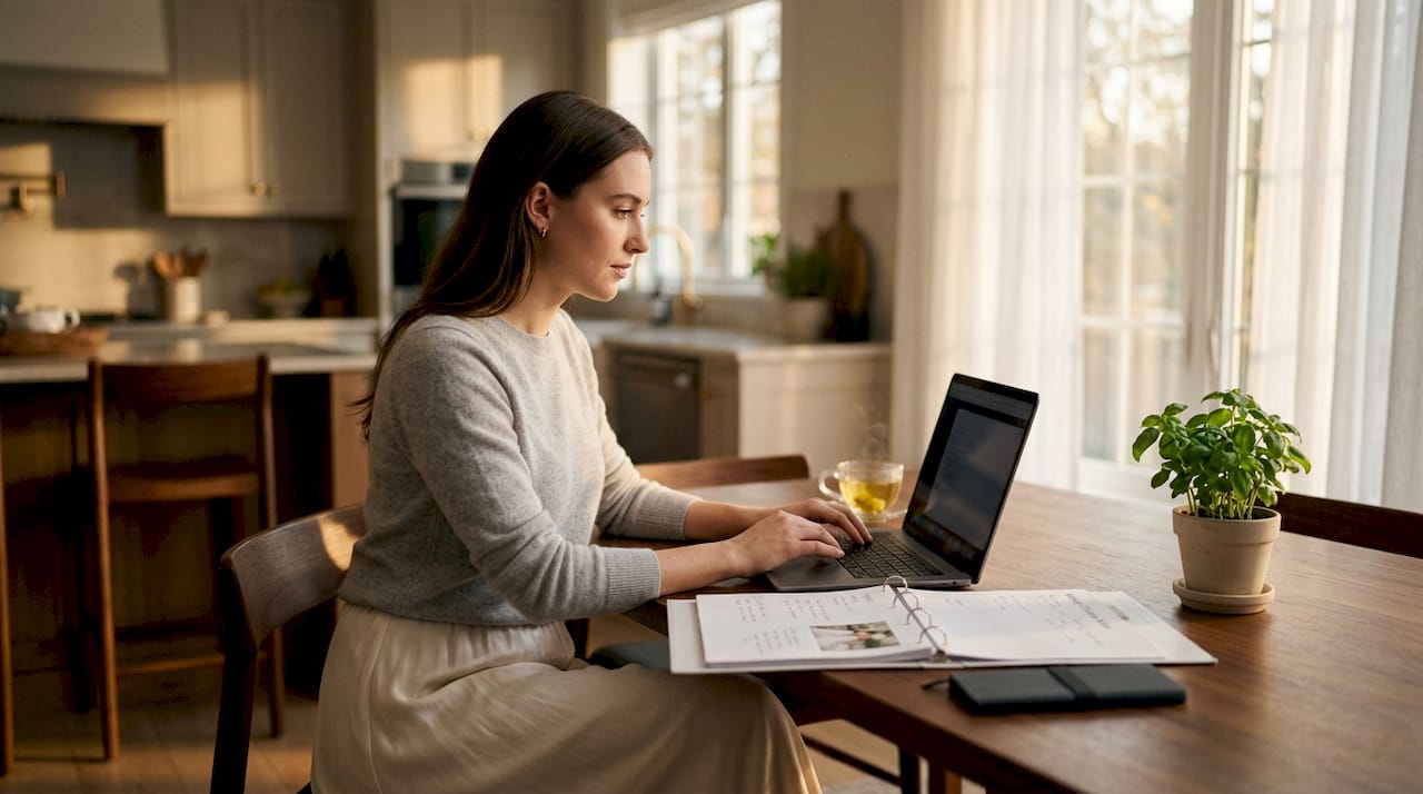 Bride planning wedding song list at home