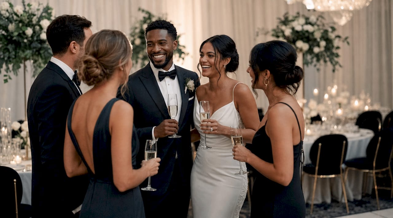 Couple celebrating at outdoor wedding reception