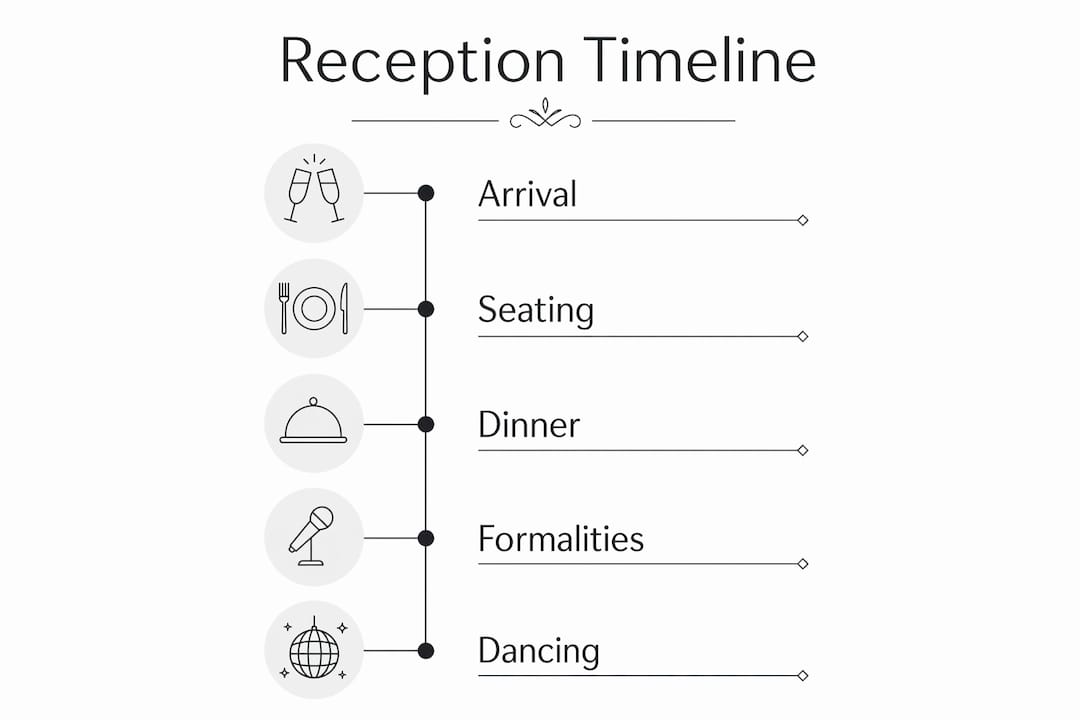 Infographic showing wedding evening reception timeline steps