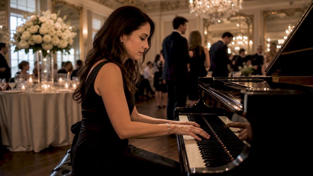 Wedding pianist playing piano at reception