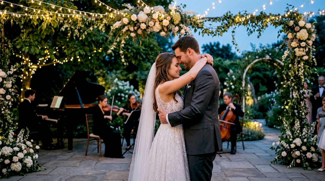 Bride and groom dancing to live wedding music