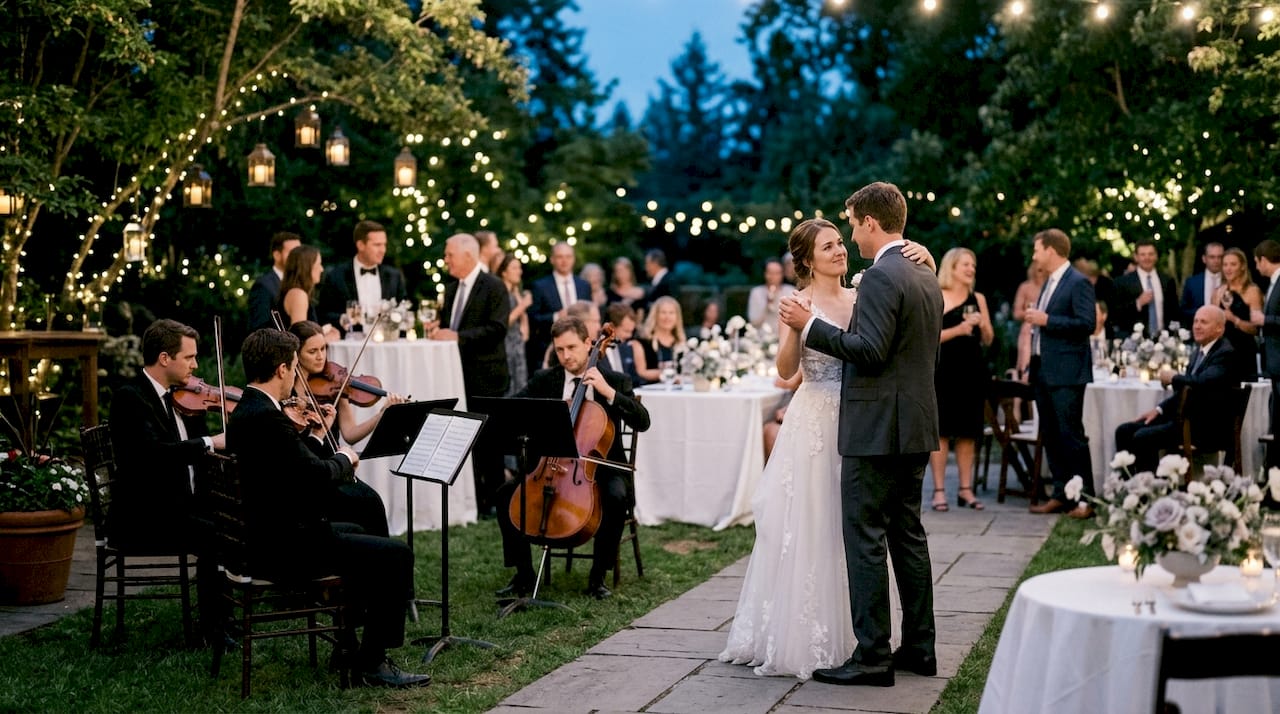 Couple dancing near steel drum band at beach wedding