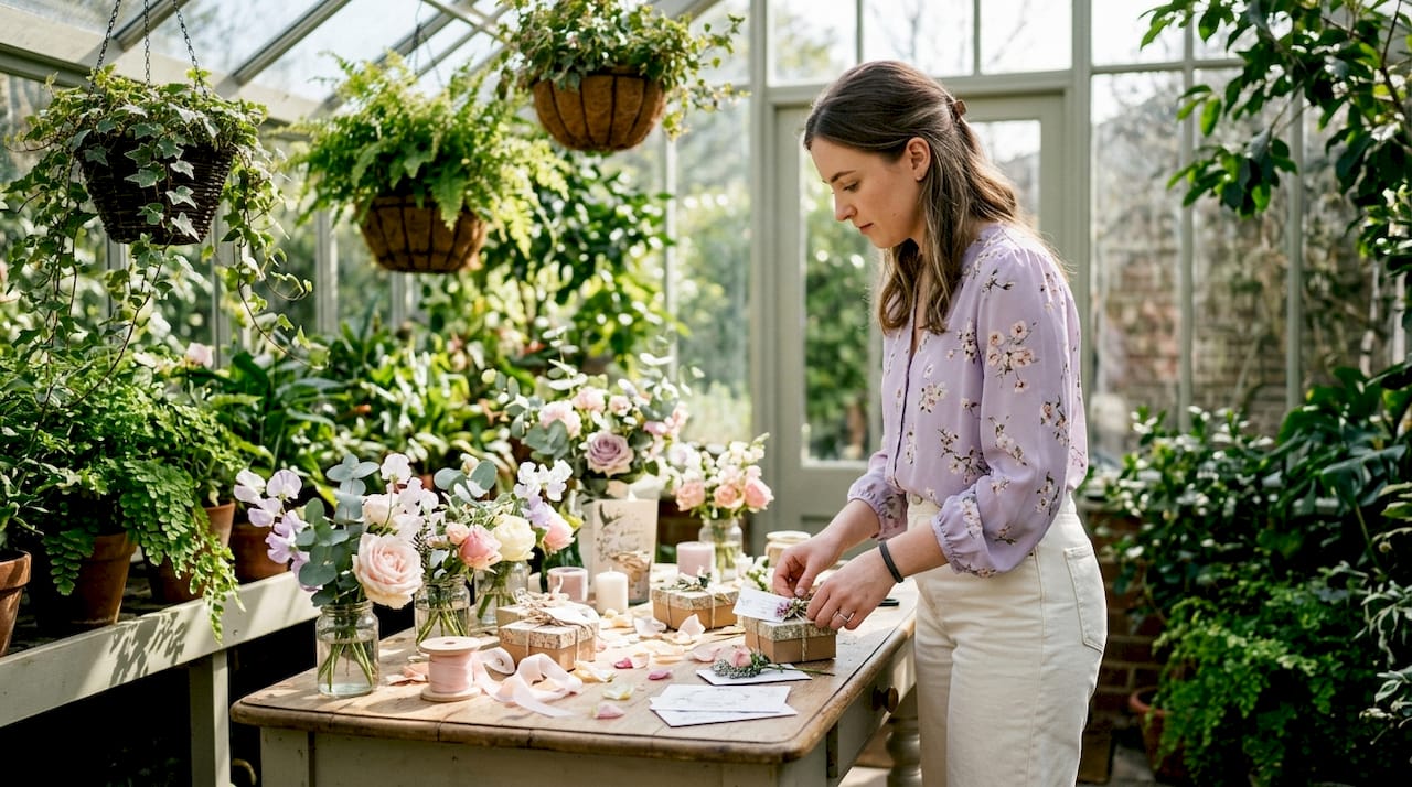 Woman preparing bridal shower decorations
