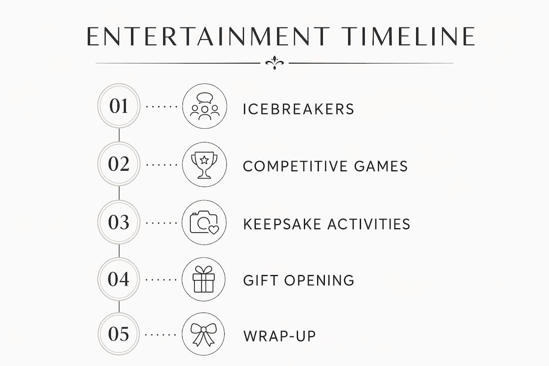 Infographic showing bridal shower entertainment timeline steps