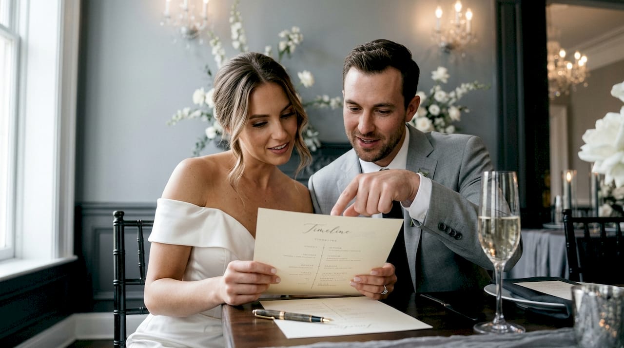 Couple reviewing wedding timeline outdoors