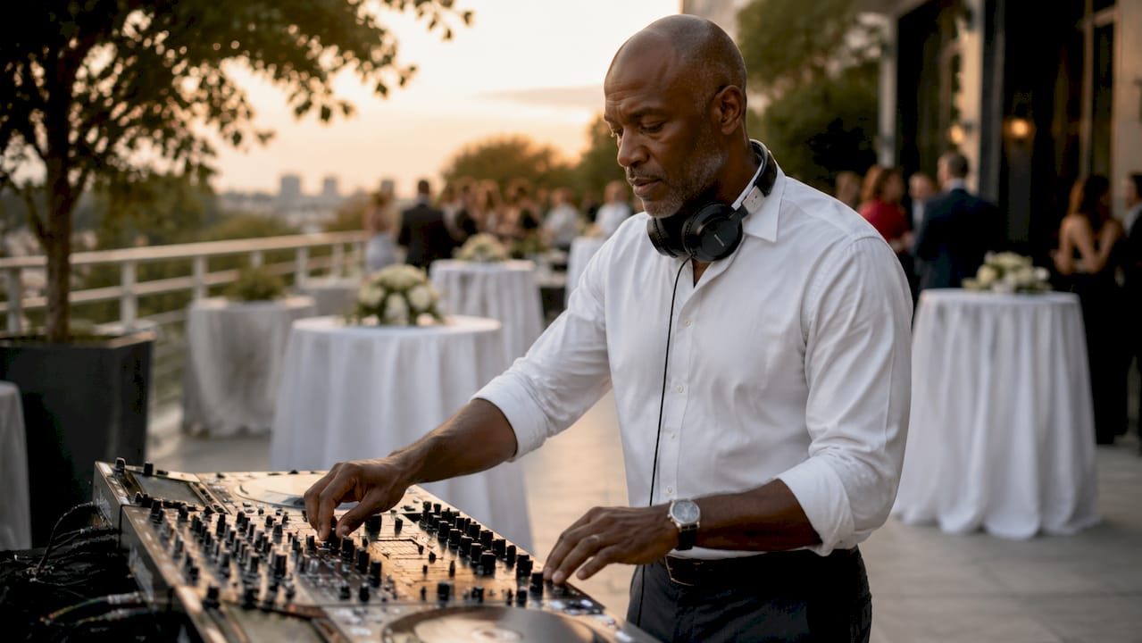 DJ adjusting cocktail hour music volume
