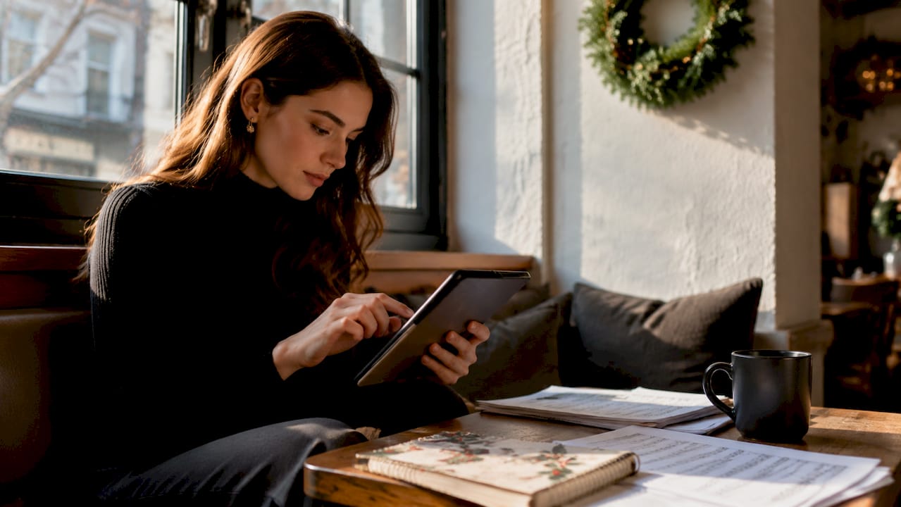 Woman creating Christmas party music playlist at home