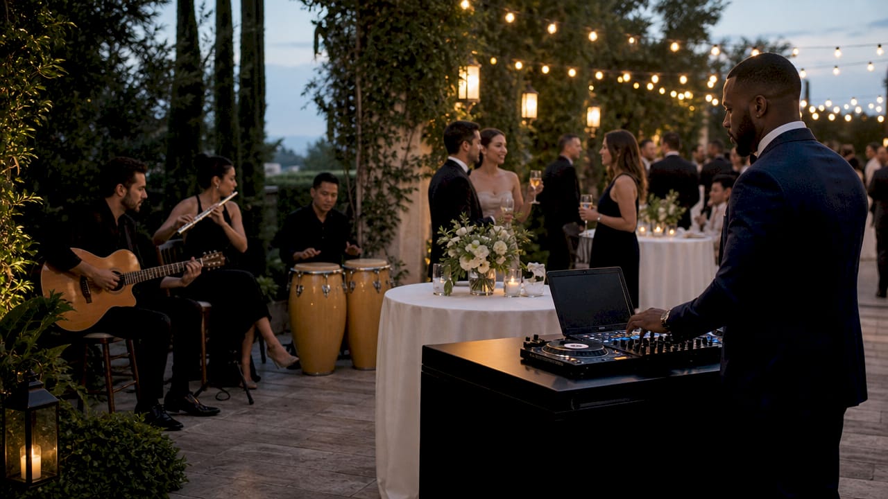 Live jazz trio and DJ performing in ballroom