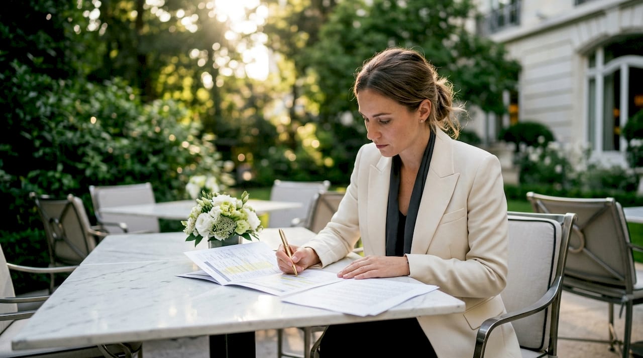 Wedding planner reviewing luxury entertainment schedule
