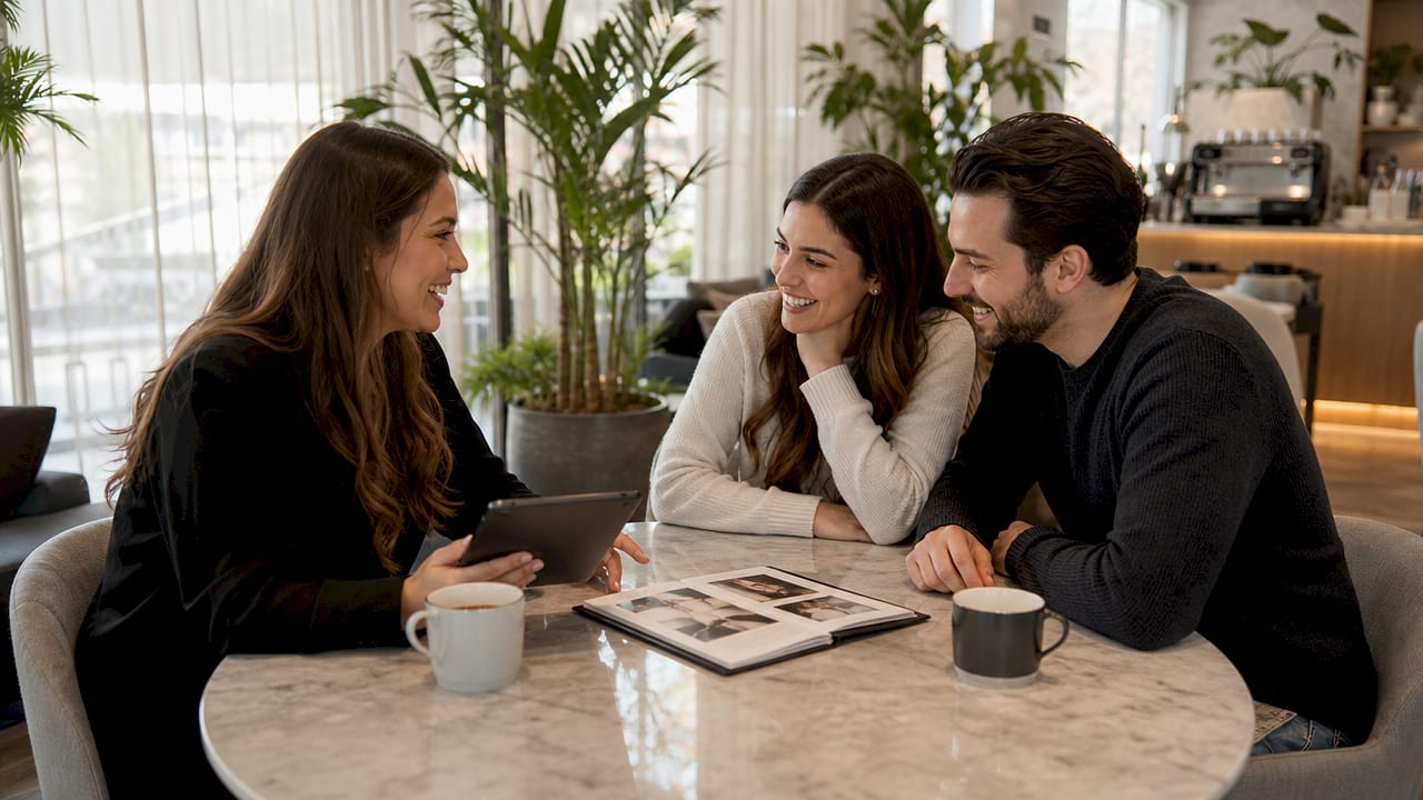 Couple and musician discussing wedding music plan
