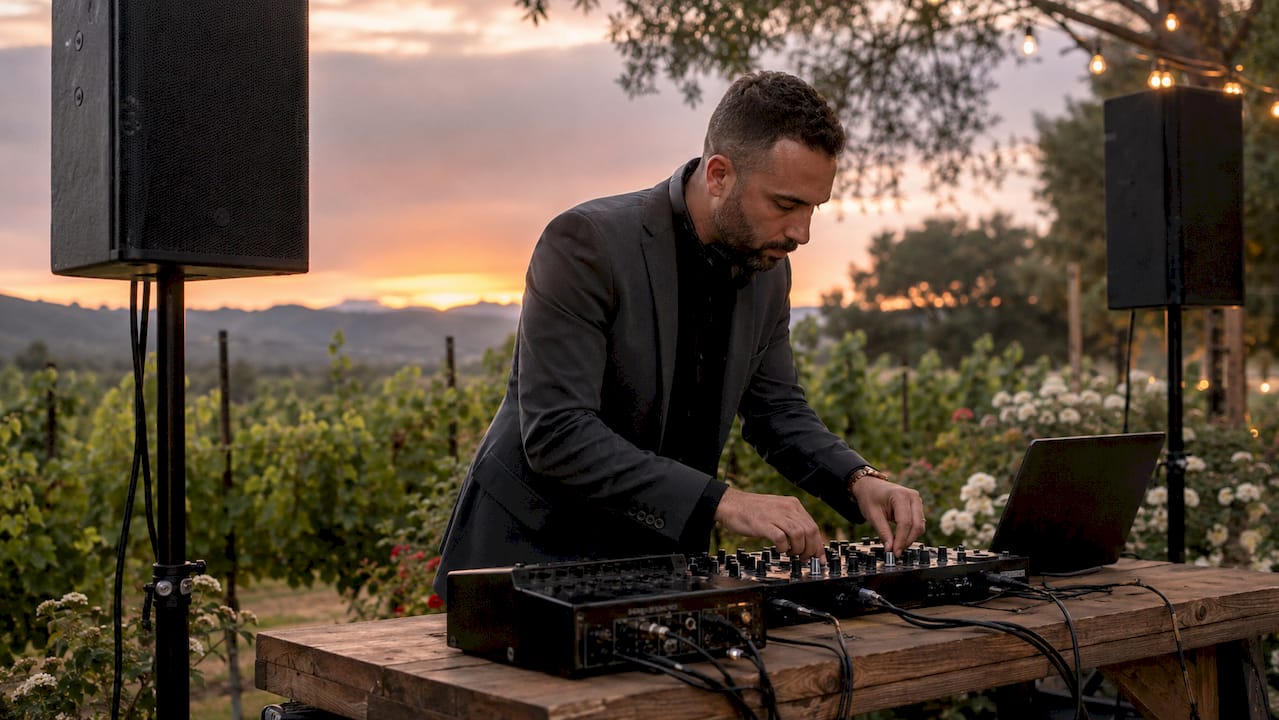 DJ preparing sound equipment at Temecula wedding