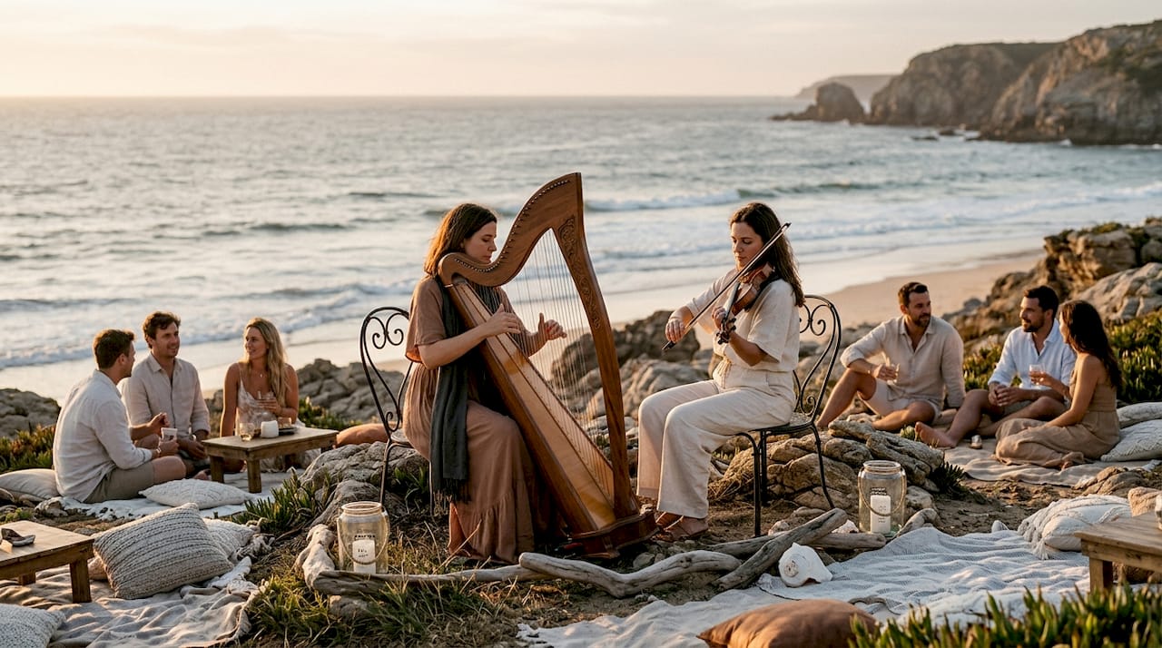 Harpist and violinist playing acoustic music on beach