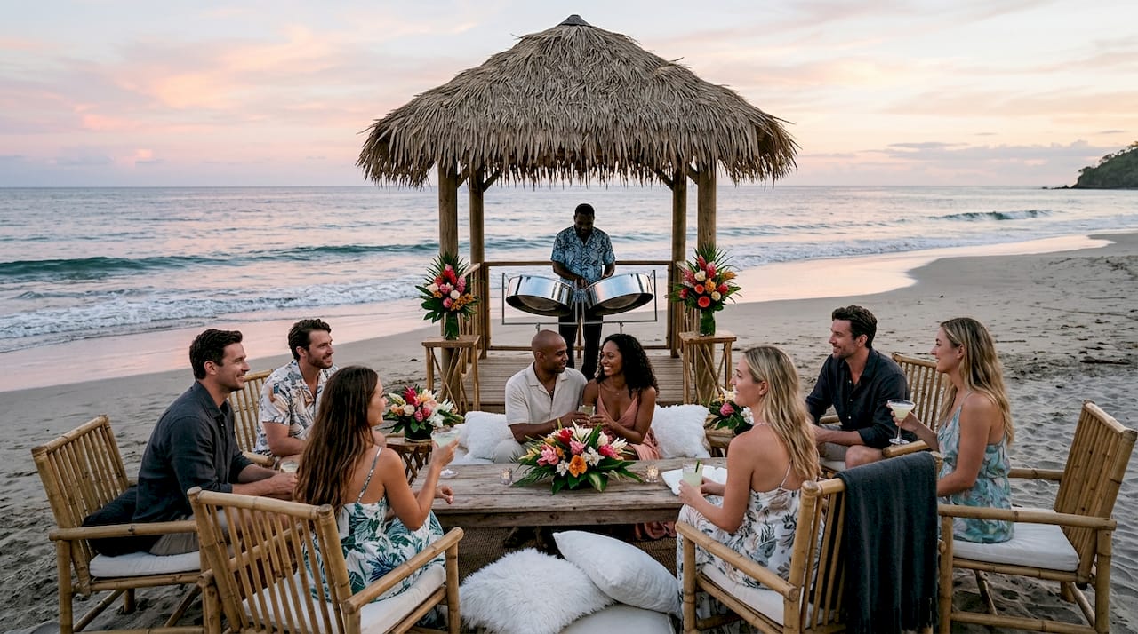 Guests enjoying live steel drum music on beach