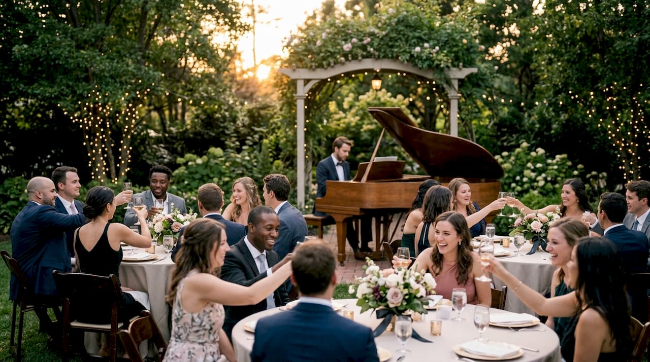 Wedding guests listening to live piano outdoors