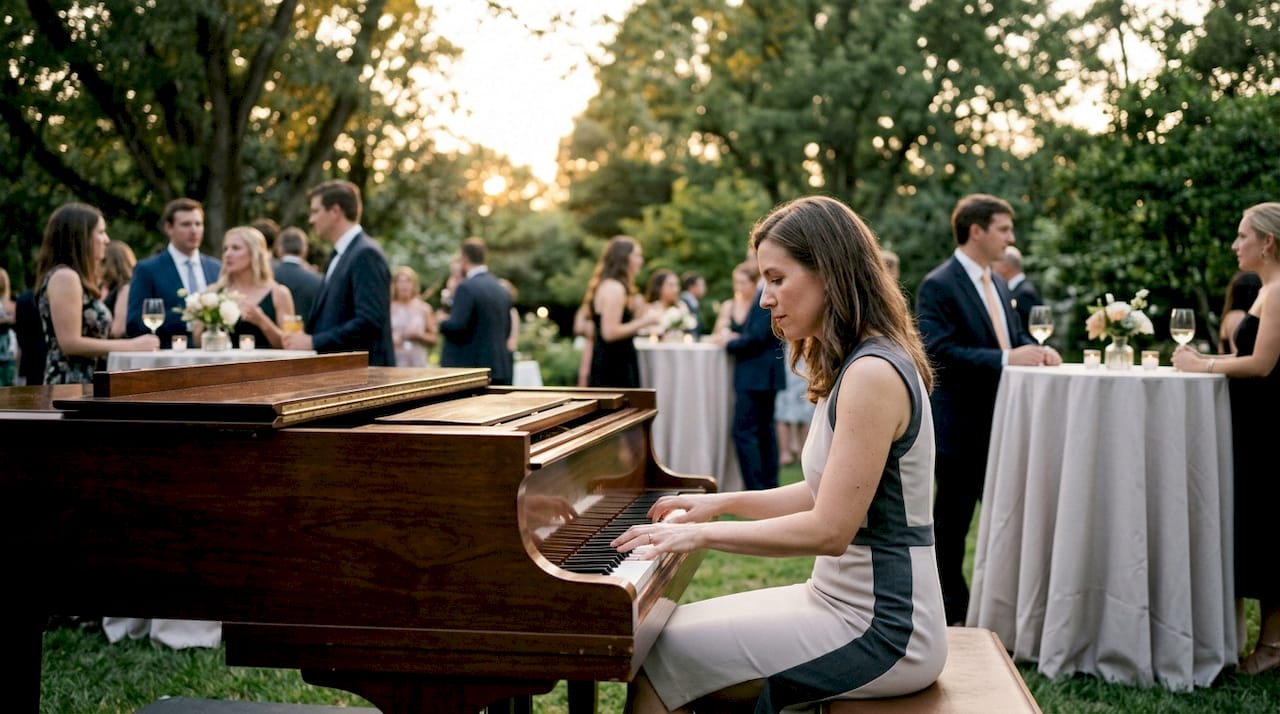 Pianist playing grand piano at elegant wedding event
