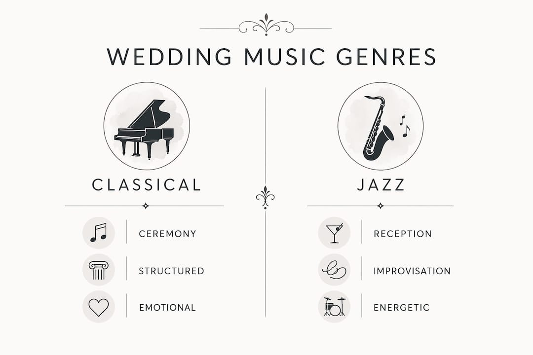 Infographic comparing classical and jazz wedding music