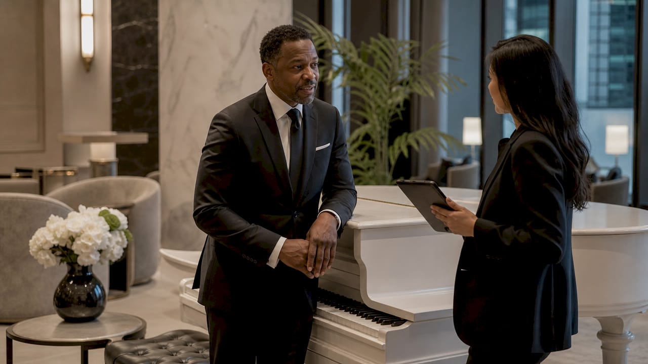 Pianist consulting with event planner near piano