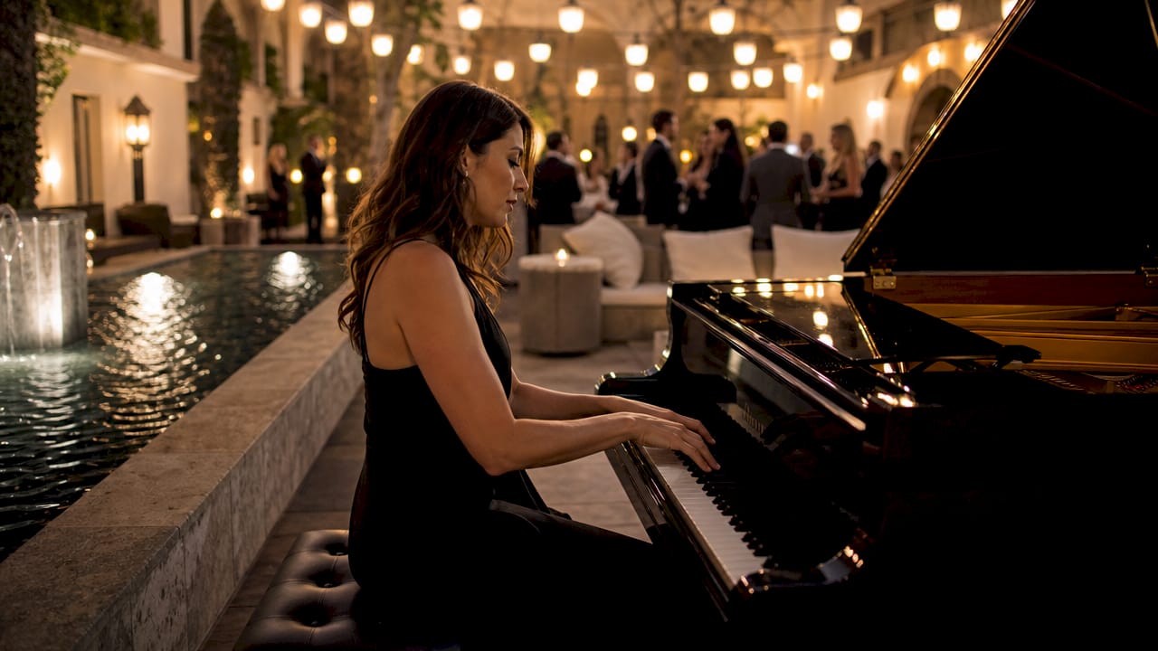 Pianist playing grand piano at corporate gala