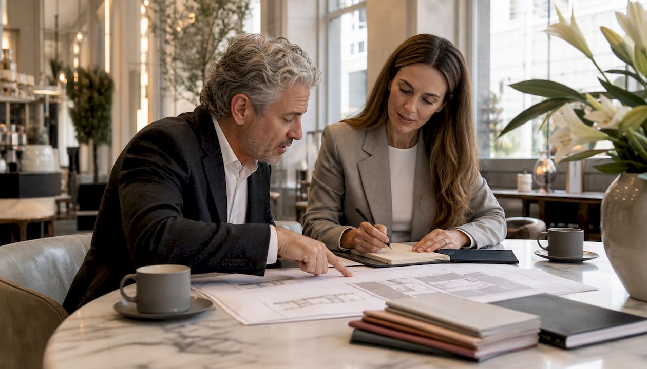 Team discussing luxury venue plans in loft office