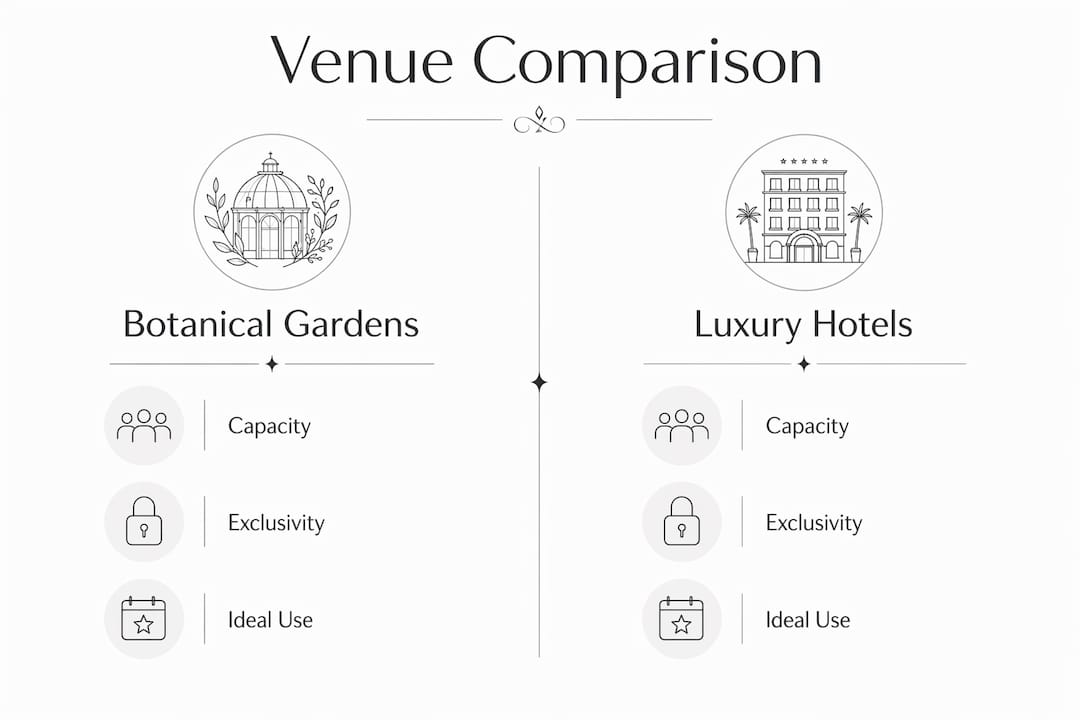 Infographic comparing botanical gardens and luxury hotels as venues