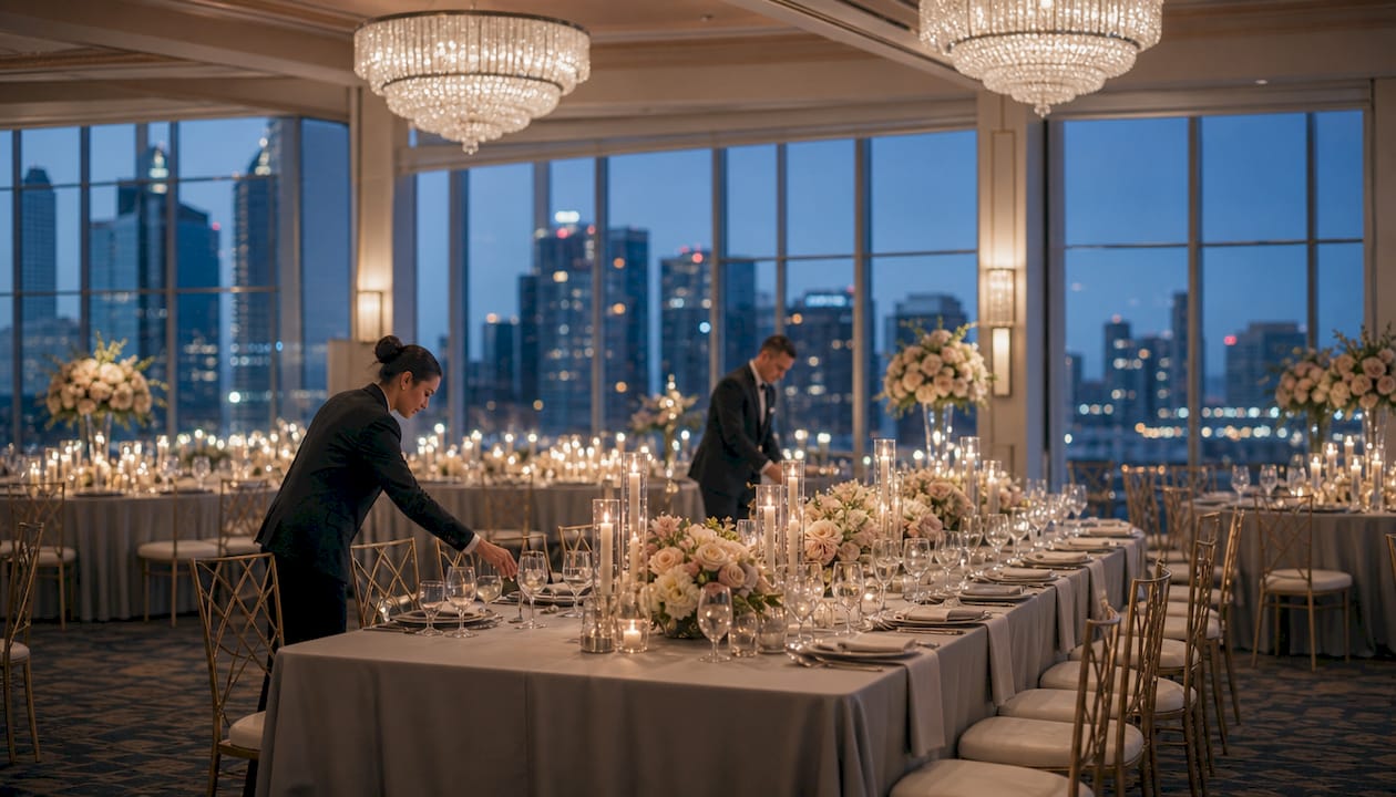 Elegant Hilton San Diego grand ballroom wedding setup