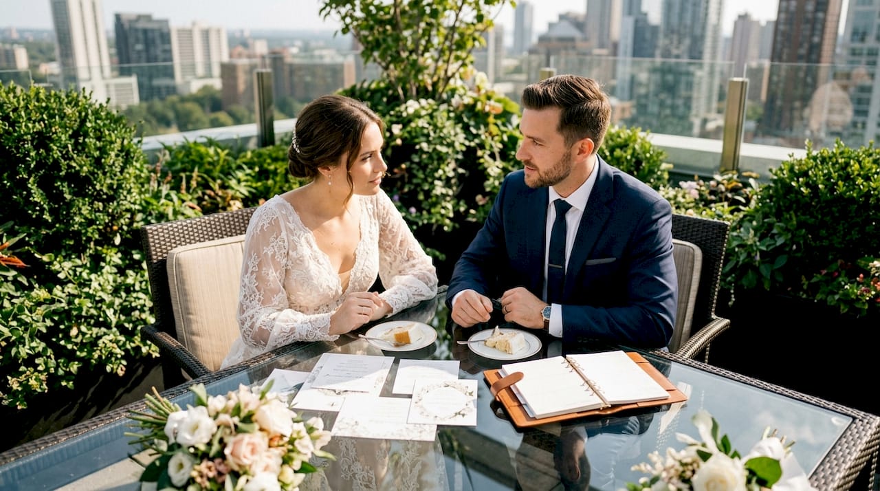 Bride and groom planning wedding in luxury hotel suite