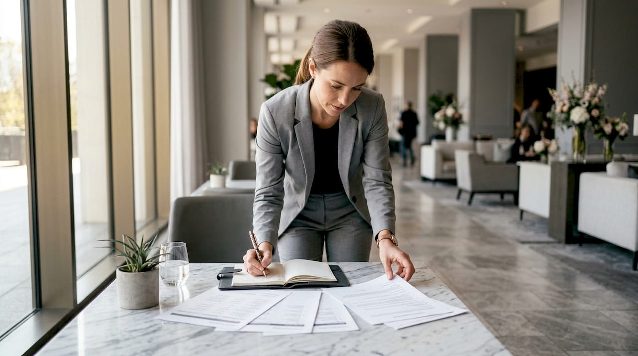 Corporate event planner reviewing schedules in office