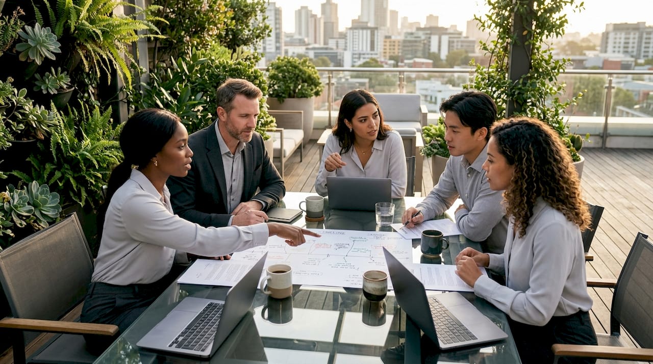 Team coordinating vendors around conference table