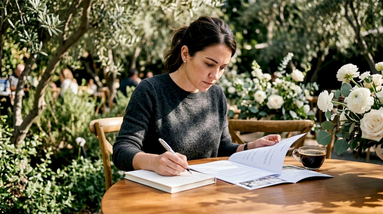 Corporate event planner reviewing venue options in office