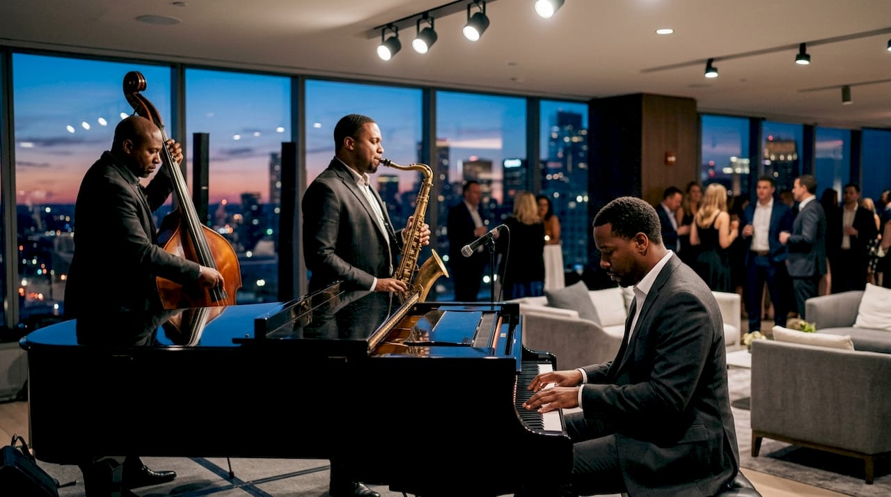 Jazz trio performing live at rooftop corporate event