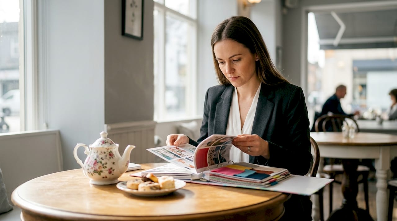 Wedding planner reviewing seasonal themes at home desk