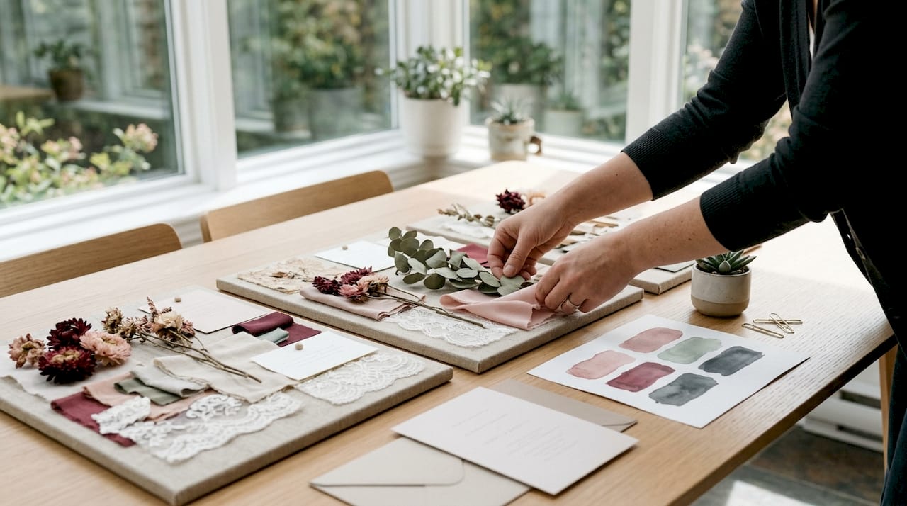Hands arranging wedding seasonal decor mood boards