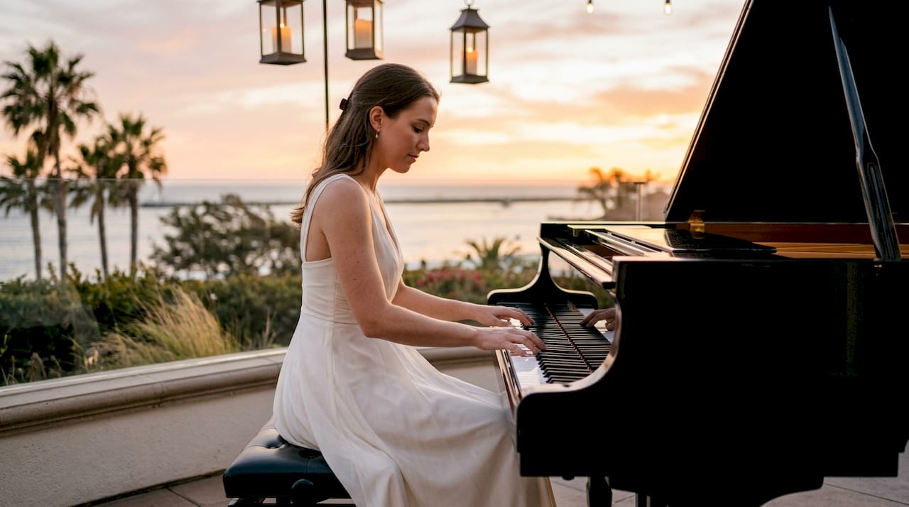 Pianist playing grand piano at beach wedding ceremony