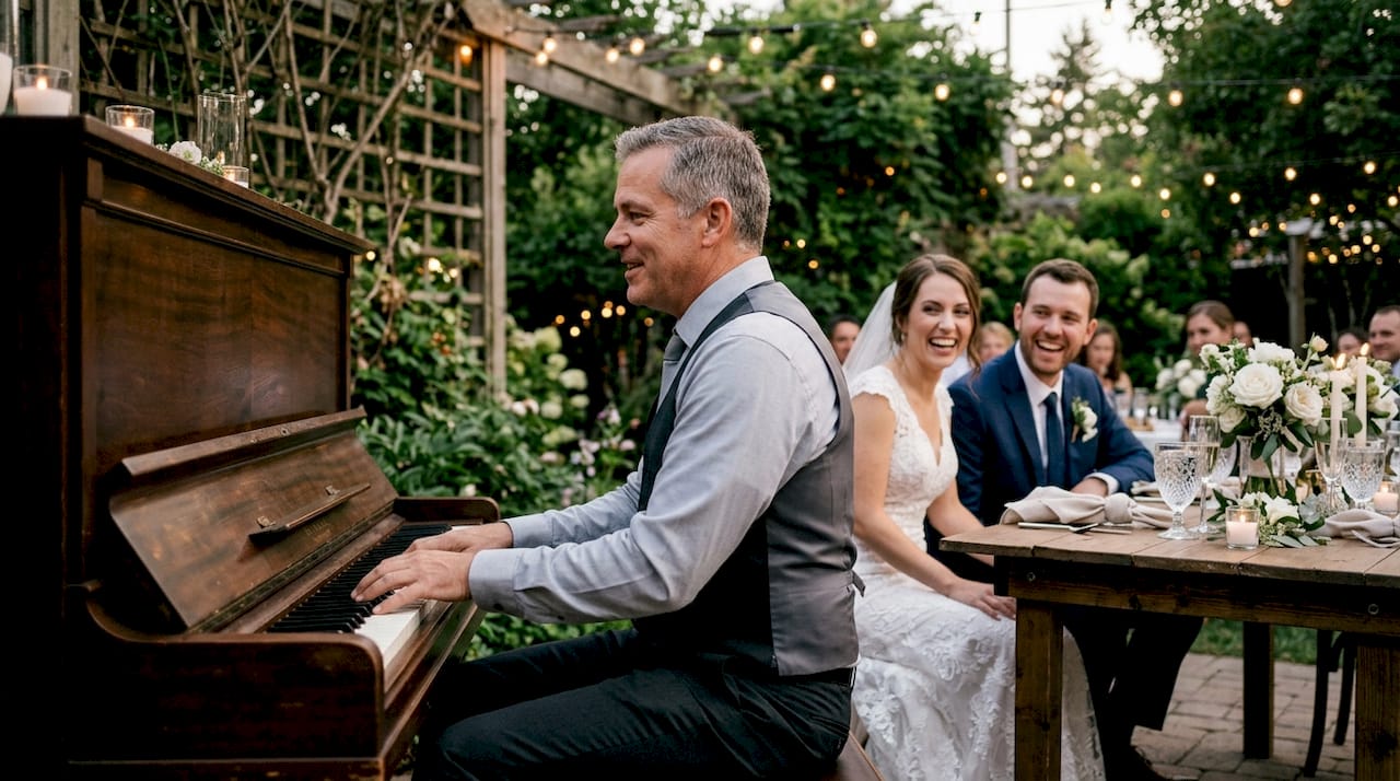 Pianist playing at wedding cocktail hour with couple
