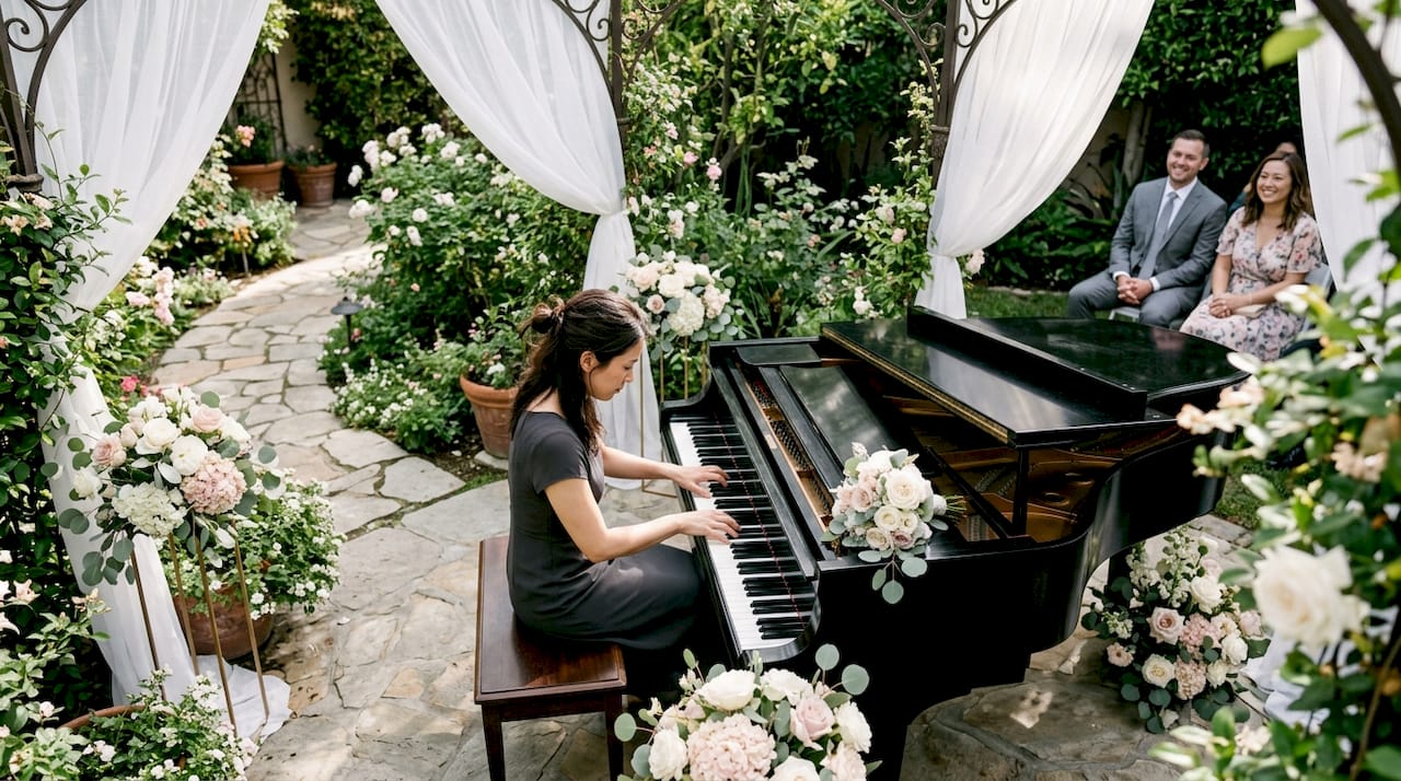Pianist performing at Los Angeles wedding ceremony outdoors