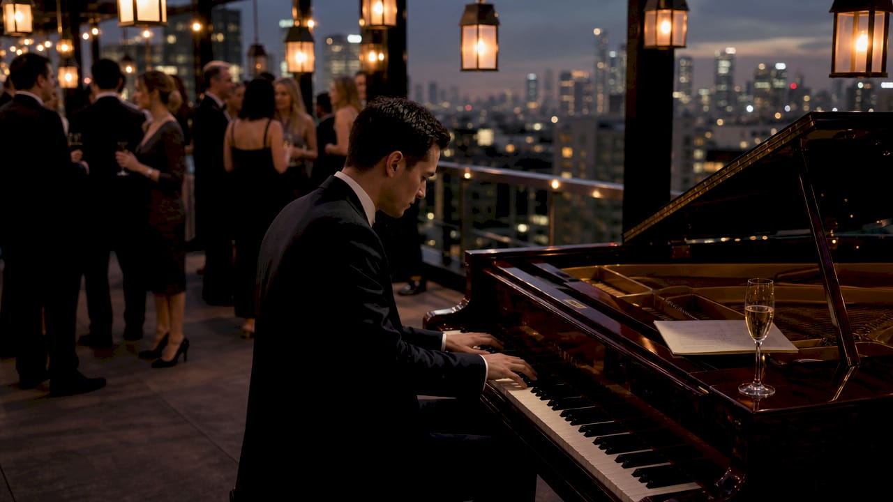 Male pianist hands playing keyboard during cocktail hour