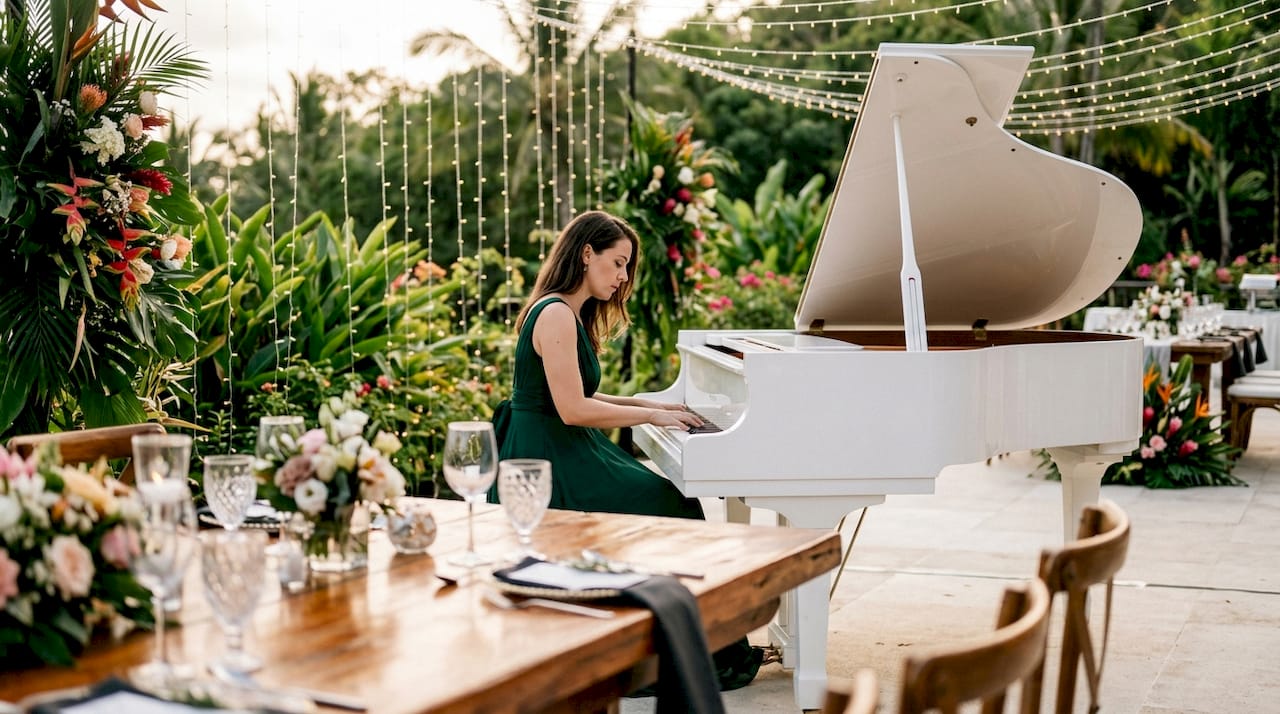 Female pianist performing live at outdoor wedding reception