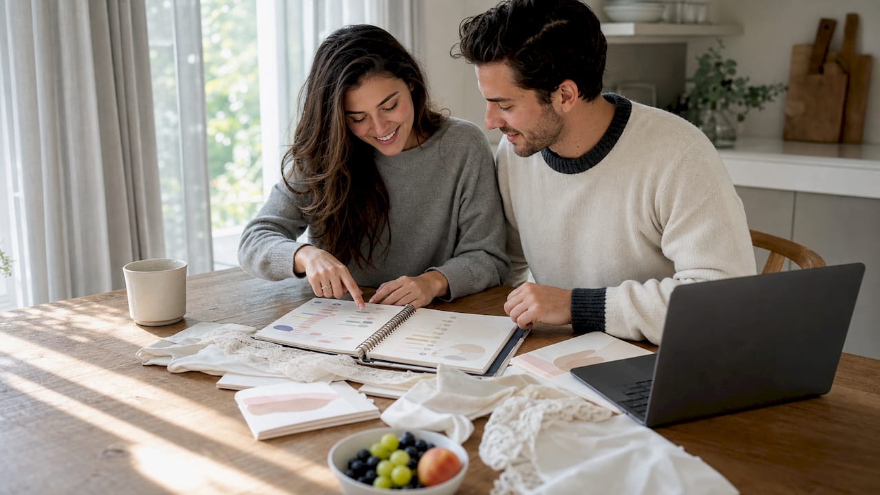 Engaged couple reviewing wedding plans together