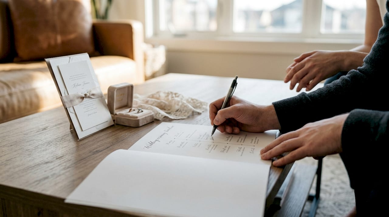 Hands planning wedding ceremony timeline