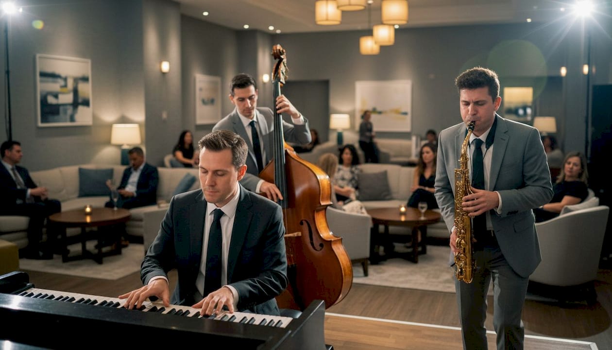 Jazz trio performing at corporate launch event
