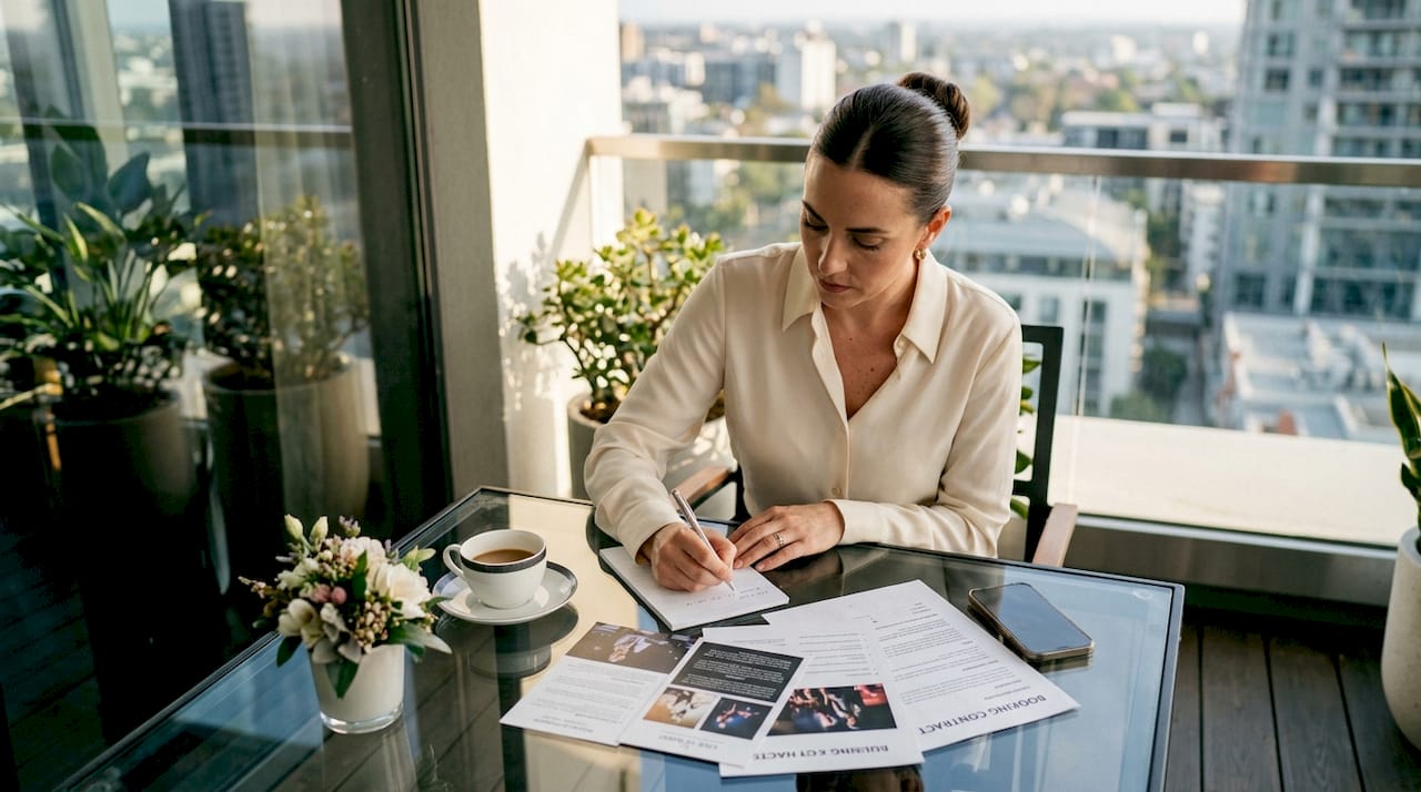 Event planner reviewing music booking details