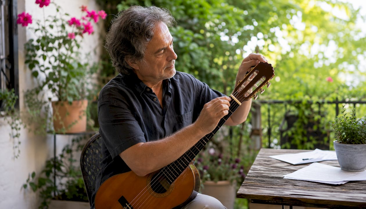 Musician tuning classical guitar in home studio