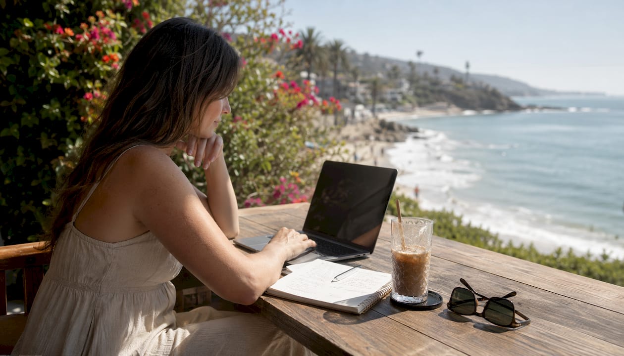 Event planner reviewing musician portfolio outdoors