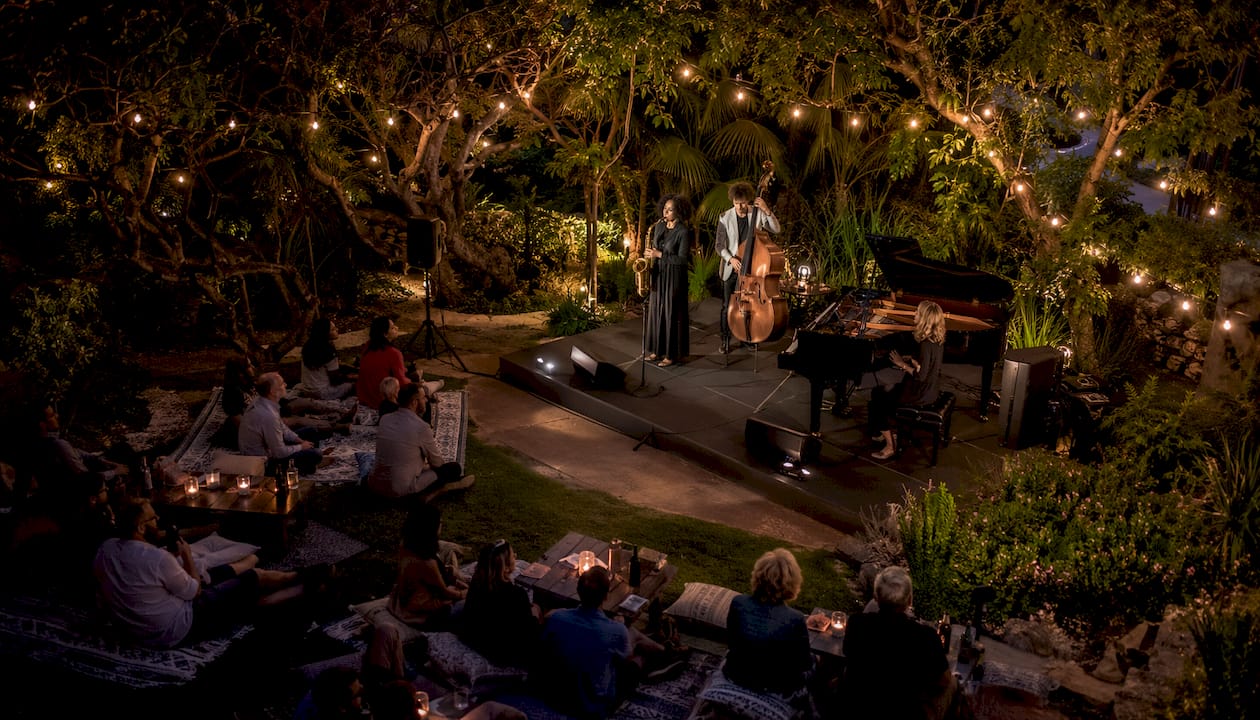 Jazz trio performing outside in San Diego