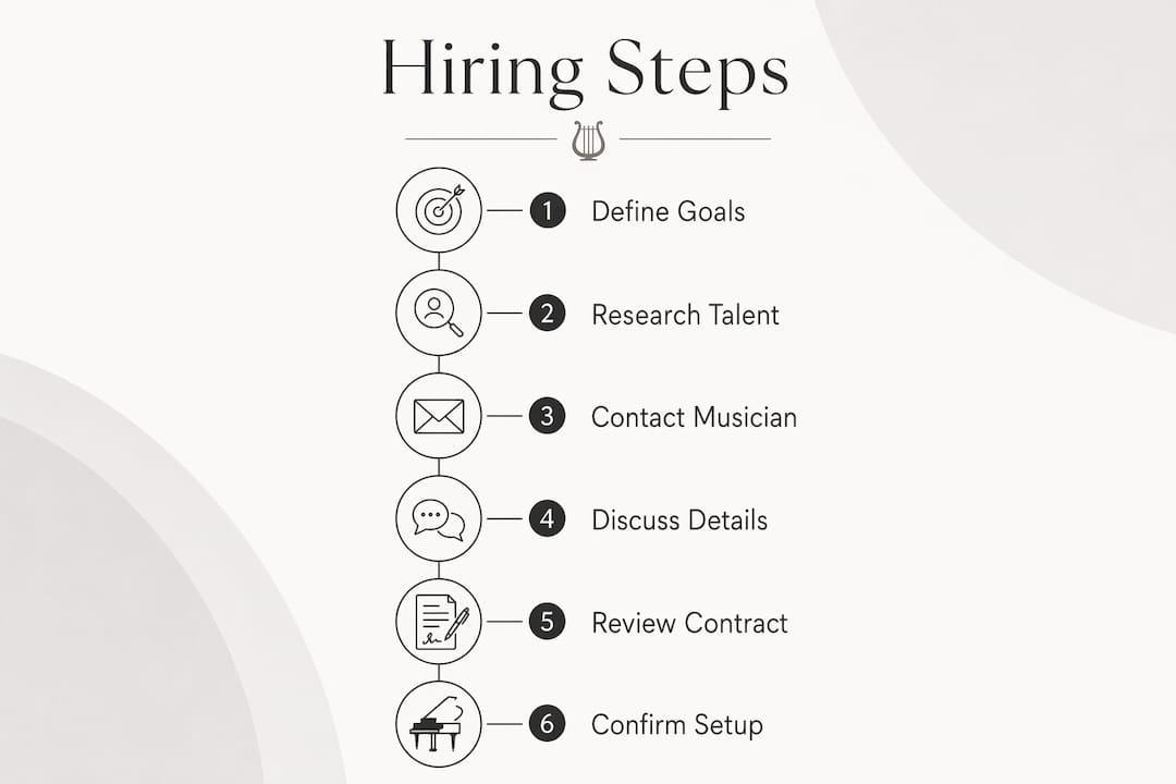 Infographic illustrating steps to hire a live musician