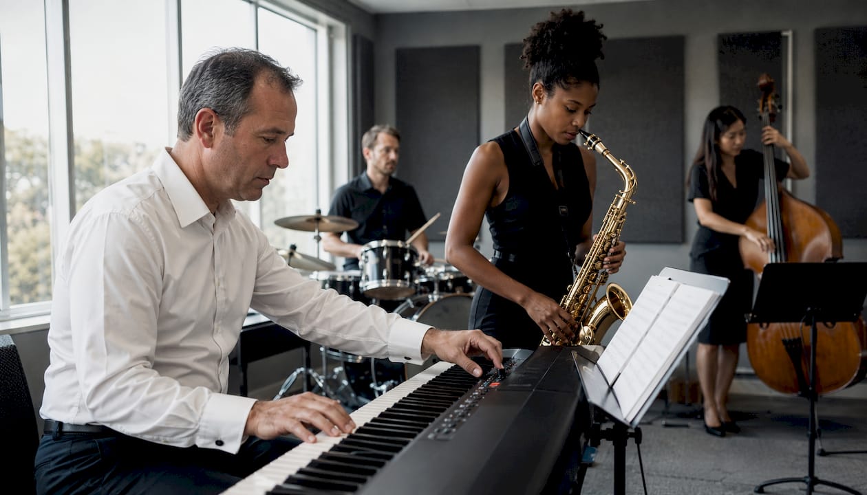 Corporate band rehearsing in studio