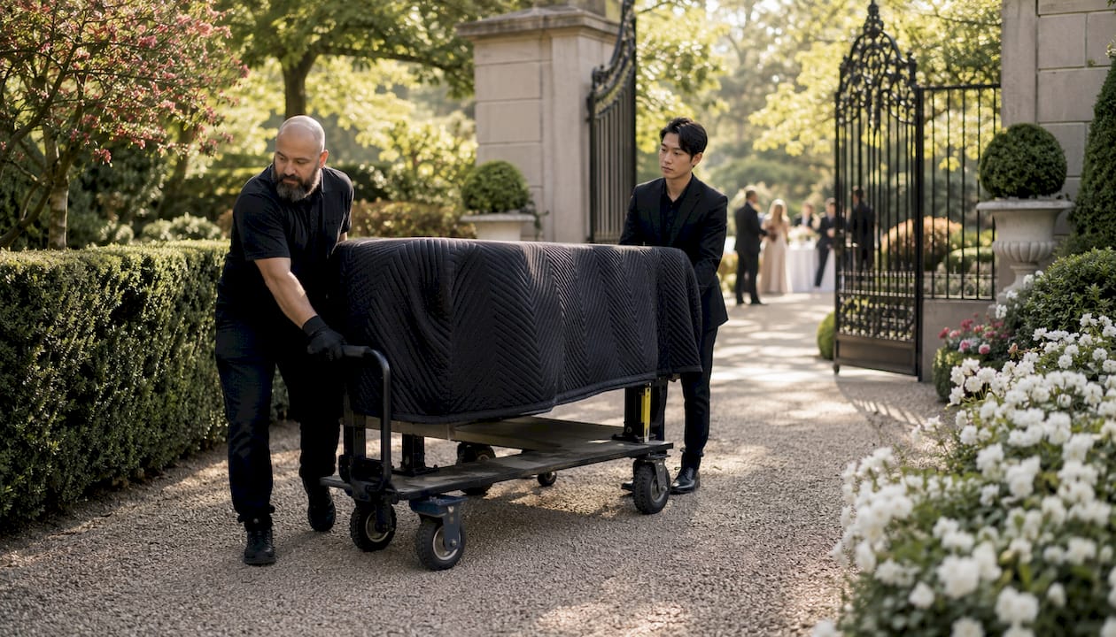 Moving grand piano through venue corridor